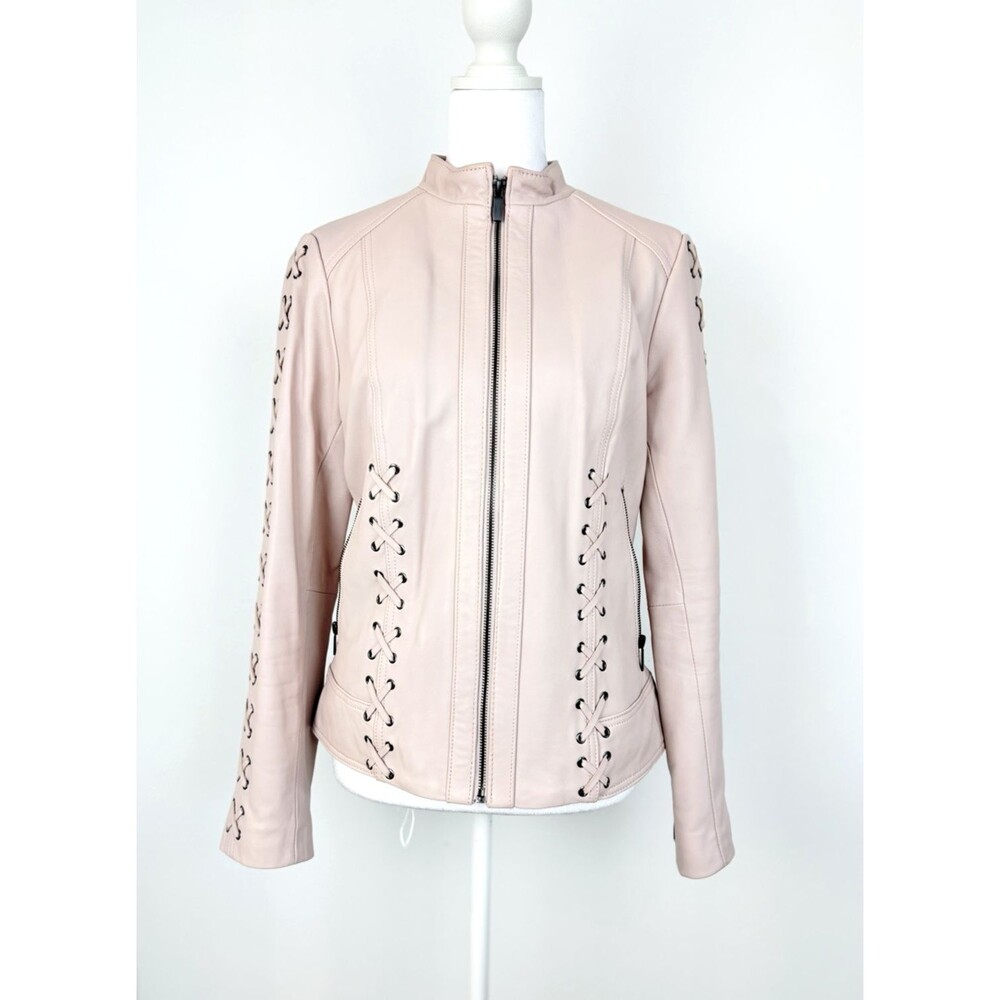 Neiman Marcus Exclusive Womens M 100% Leather Pink Lace Up Moto Jacket